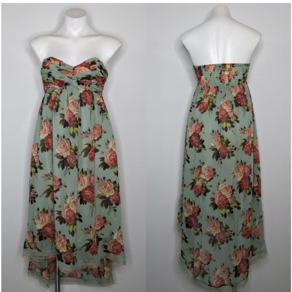 Perfect Betsey Johnson blue & pink floral rose strapless chiffon dress, size 2